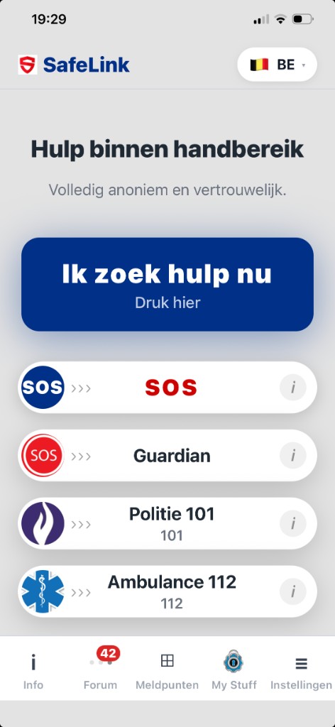 SafeLink-app: startscherm met hulp binnen handbereik en meldpunten