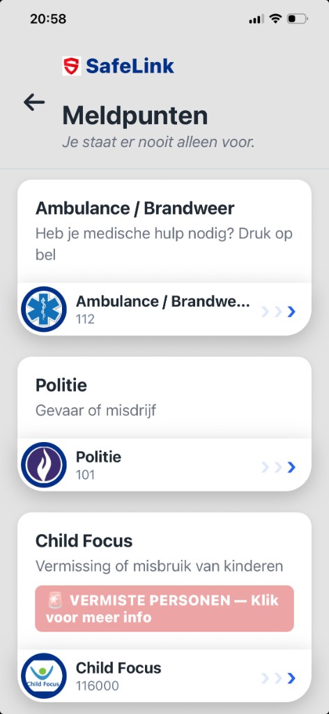 SafeLink-app: scherm Meldpunten met hulplijnen en contacten