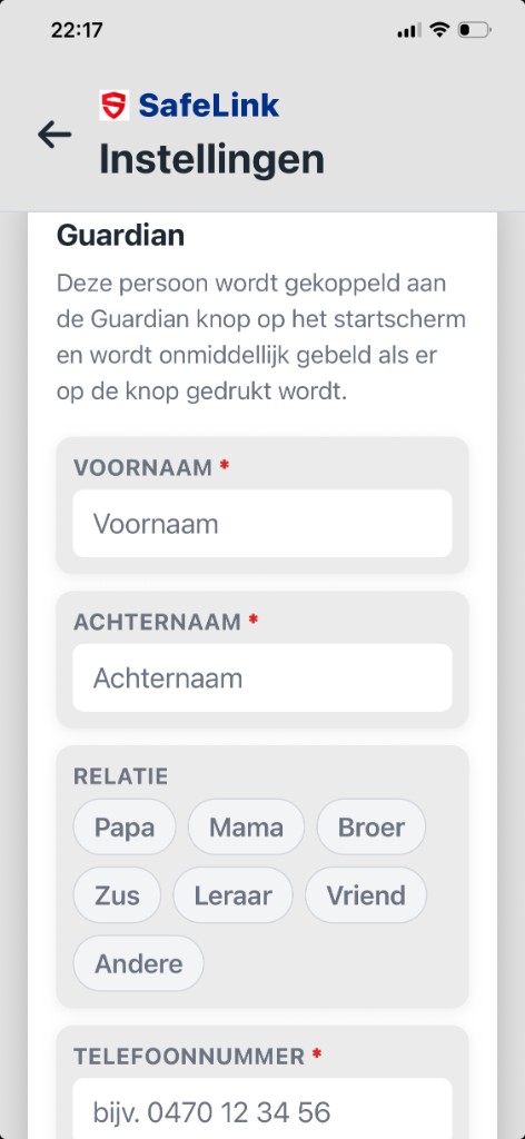 SafeLink-app: instellingen om je Guardian te koppelen aan de SOS-knop
